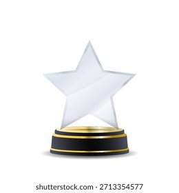 Prêmio de troféu de vidro de círculo com bordas brilhantes, reflexões de luz suave e símbolo gravado de coroa de louro perfeito para gráficos de cerimônia modernos, visuais de celebração premium e apresentações de vetor realista