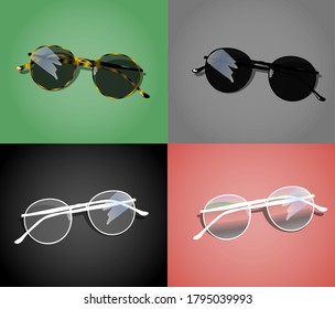 Circle glasses set in different colours with colorful background. Vector illustration. Illustration for commercial use.  For stylish glasses shop , web or social network.