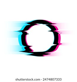 Circle with glitch and digital vhs noise effect, round dynamic shape vector illustration. Abstract destroyed glitch style ring frame with motion colorful bug border isolated on white