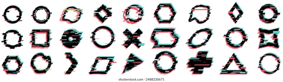 Circle glitch effect icons set. Collection of geometric shapes is glitching with an rgb color shift effect