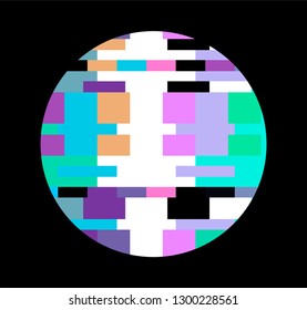 Circle with glitch effect on dark background. Logotype template for modern music band, club in cyberpunk/ webpunk style.
