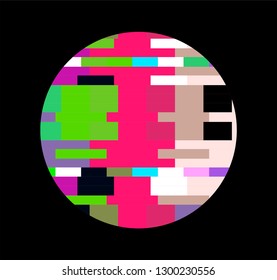 Circle with glitch effect on dark background. Logotype template for modern music band, club in cyberpunk/ webpunk style.