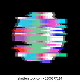 Circle with glitch effect on dark background. Logotype template for modern music band, club in cyberpunk/ webpunk style.