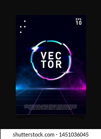 Circle glitch effect on laser grid with blue and pink glows and smoke. Retrowave / vaporwave / synthwave design for poster, flyer, cover, brochure, card, club invitation. Eps 10