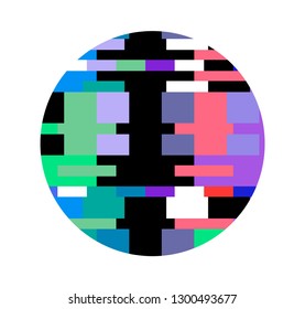 Circle with glitch effect on white background. Logotype template for modern music band, club in cyberpunk/ webpunk style.