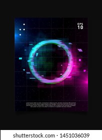 Circle glitch effect in space laser grid with blue and pink glows and smoke. Retrowave / vaporwave / synthwave design for poster, flyer, cover, brochure, card, club invitation. Eps 10