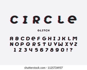 Circle glitch font. Vector alphabet letters and numbers. Typeface design. 
