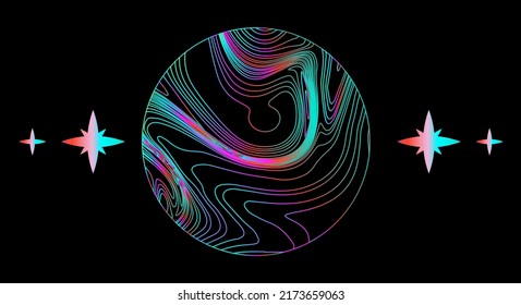 Circle with glitched and distorted holographic lines. Abstract geometric illustration for poster or logotype.