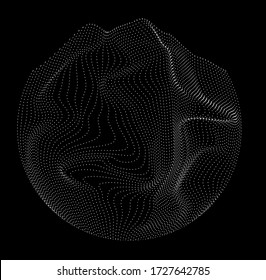 Circle with glitched texture and wavy lines made of particles. Abstract geometric shape for technology and science illustration.