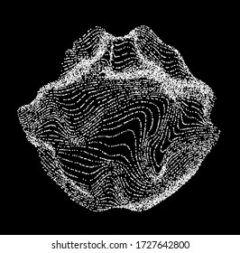 Circle with glitched texture and wavy lines made of particles. Abstract geometric shape for technology and science illustration.