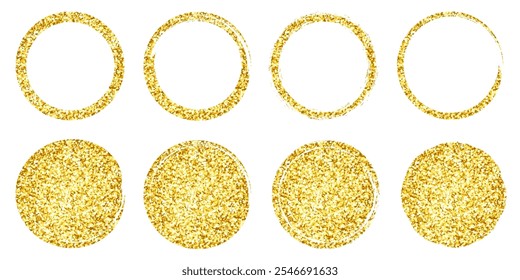 Circle glitter brush strokes set isolated, hand drawn paint brush circle gold frame