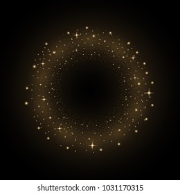 Circle of glitter particles, light effect on black background. Vector glowing glittering particles or space with stardust, golden color