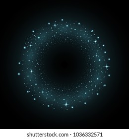 Circle of glitter particles, light effect on black background. Vector glowing glittering particles or space with stardust, aqua color