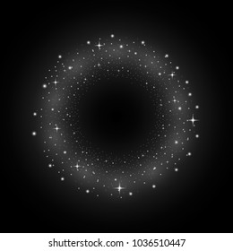 Circle of glitter particles, light effect on black background. Vector glowing glittering particles or space with stardust, white color