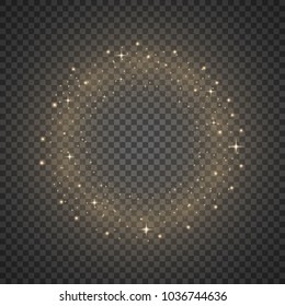 Circle of glitter particles, light effect on dark transparent background. Vector glowing glittering particles or space with stardust, golden color