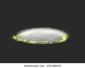 A circle with glittering snowflakes sparkling with transparent beautiful snow on a black background. The transparent special effect is highlighted with fog or smoke. White cloud vector, fog or smog.