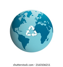 Circle Globe with Triangle Arrow Recycle Symbol. Save World Reuse Resource Concept Cartoon Icon. Renewable Planet Environment Sign. Sustainability Global Recycle Sign. Isolated Vector Illustration.