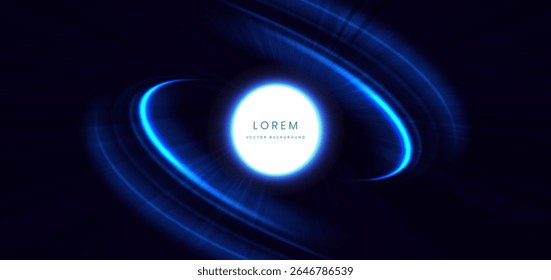 Circle glowing with blue curved ray decoration on dark blue background. Hi-speed motion moving concept. Vector illustration