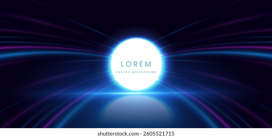 Circle glowing with blue and pink curved ray decoration on dark blue background. Hi-speed motion moving concept. Vector illustration