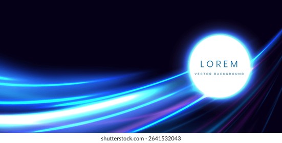 Circle glowing with blue and pink curved ray decoration on dark blue background. Hi-speed motion moving concept. Vector illustration