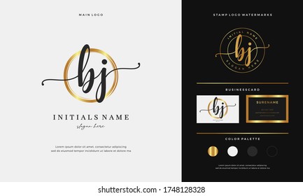 Circle gold brush letter BJ B J Initial logo design with handwriting style. Elegant and Feminine branding with golden Circular Shape - Vector