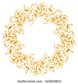 Circle gold floral frame in doodle style on white background. Elegant hand drawn flourish border or frame for greeting card, postcard, invitation, banner, flyer, poster, label. Vector illustration.