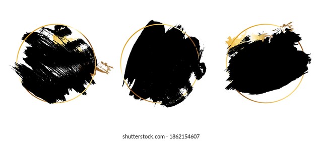 Marco Círculo Oro con fondo negro de pintura salpicada, conjunto de plantillas de banners de trazos de pincel. EPS10 de ilustración vectorial