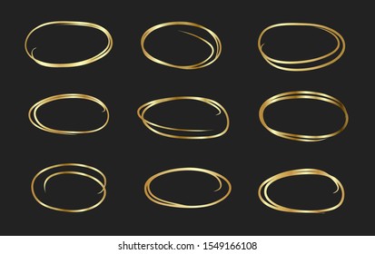 Circle gold frame set of Hand Drawn. Abstract vector design element. Gold concept, shining circle with thin realistic line for poster, banner, cover, print.