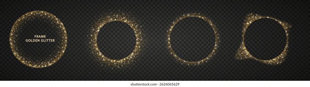 Circle gold glitter border with magic sparkles on dark background. Round border with golden sparkles and magical glow. Festive backgrounds and Christmas design.