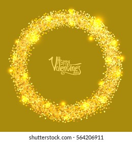 Circle with gold glitter particles in form of hearts, realistic effect, on yellow background. Vector illustration.