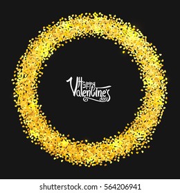 Circle with gold glitter particles in form of hearts, realistic effect, on black background. Vector illustration.