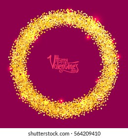 Circle with gold glitter particles in form of hearts, realistic effect, on red background. Vector illustration.
