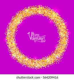 Circle with gold glitter particles in form of hearts, realistic effect, on pink background. Vector illustration.