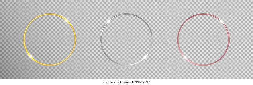 Circle gold set. Round glowing frames on transparent backdrop. Golden, silver and bronze rings. Luxury shining elements with bright flares. Vector illustration.