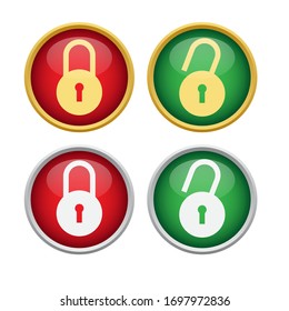 circle gold and silver lock unlock glossy icon button vector set