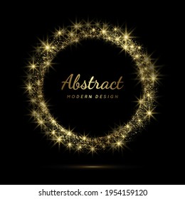 Circle Gold Sparkle Frame. Luxury Golden Circular Border With Effect Bling Grunge. Elegant Sphere Boarder. Modern Ring. Shape Round Pattern. Delicate Graphic Element, Design For Award, Prints. Vector