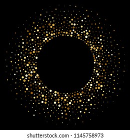 Circle of golden confetti or shiny radial glitter particles. Vector background of gold glittery dots frame for Christmas, New Year or birthday and luxury fashion and cosmetic design backdrop