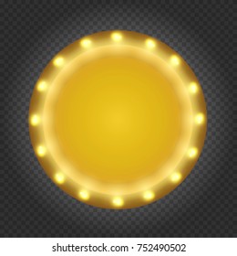 Circle golden frame, box, banner or border with shining lights bulbs in vintage retro style on transparent background. Realistic 3d vector illustration.