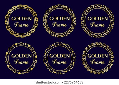 Circle golden frame set. Abstract vintage, royal rounded frames collection. Elegant, luxury gold geometric circle borders.