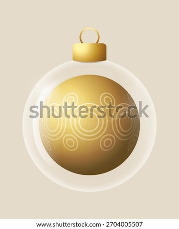 Circle golden glass ornament vector bauble for stylish Christmas and New Year decor. Transparent glass sphere vector illustration for festive xmas 3D graphic.