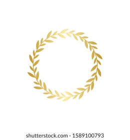 Circle golden gradient laurel wreath in flat style, vector illustration isolated on white background. Round frame with bay leaves or laureate border icon or emblem as symbol of victory and triumph