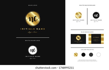 Circle Golden letter NC N C Initial logo design with handwriting style. Elegant, Feminine and luxury branding on gold - Vector