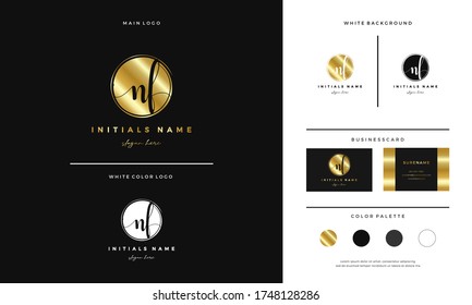 Circle Golden letter NF N F Initial logo design with handwriting style. Elegant, Feminine and luxury branding on gold - Vector