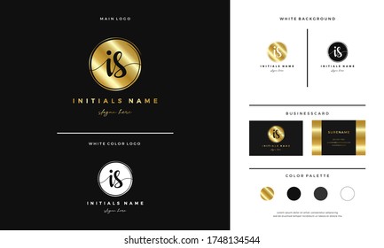 Circle Golden letter IS I S Initial logo design with handwriting style. Elegant, Feminine and luxury branding on gold - Vector