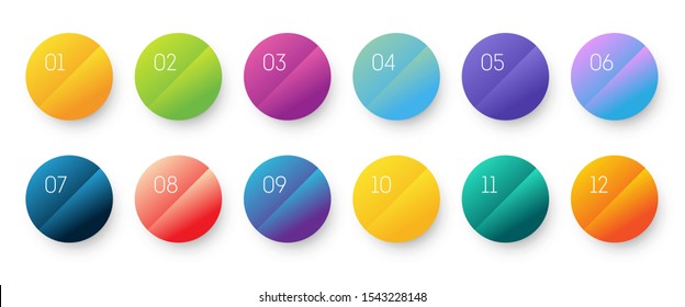 Circle gradient 3d icon set with number bullet point from 1 to 12. 