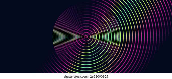 Circle Gradient of 70s. Abstract Rings, Radar Background for Futuristic Technology Design. Geometric Pattern Stripe Line for Advertising, Social Media, Posters, Banners, Covers. Vector Illustration.