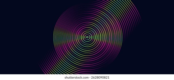 Gradiente circular de los años 70. Anillos Abstractas, fondo de radar para el diseño de Tecnología futurista. Línea de franja de patrón geométrico para publicidad, redes sociales, carteles, Anuncios, cubiertas. Ilustración vectorial.