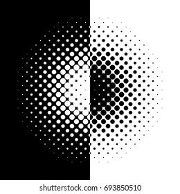 Circle gradient halftone dots background. Pop art template. Half black and half white.