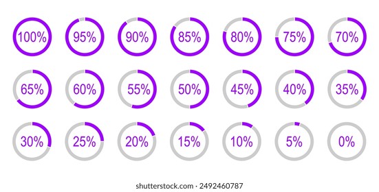 Elementos de progreso de carga porcentual o infografía en círculo. Conjunto de iconos de diagramas redondos de 0 a 100 por ciento. Pastel de relleno de color, Plantilla de indicador de gráficos de pizza aislado sobre un fondo blanco.