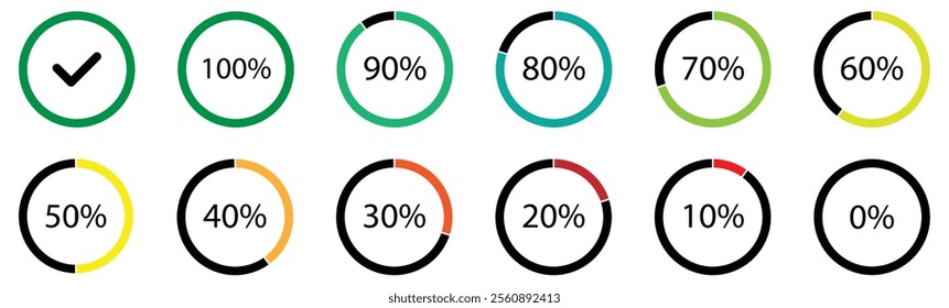 Circle graph percentage loading or infographics progress elements. Set of round diagrams icons from 0 to 100 percent. Color fill pie, pizza charts indicator template. pie chart vector illustration set